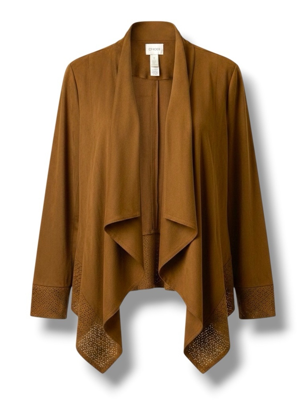 CHICO’S Faux Suede Draped Blazer Perforated Tan Brown Medium